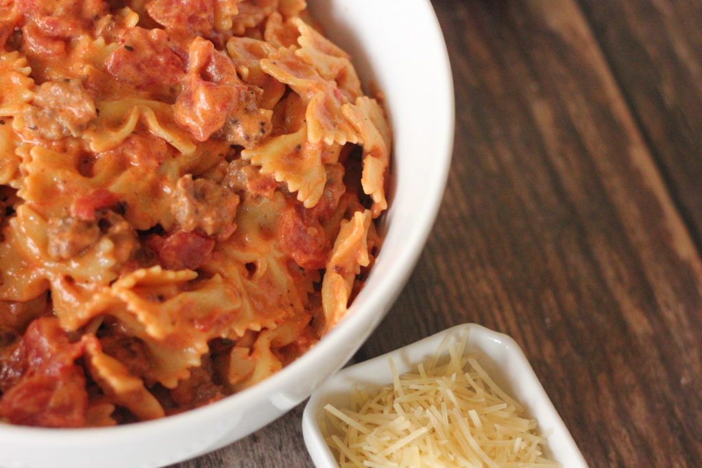 dish of creamy tomato sausage pasta