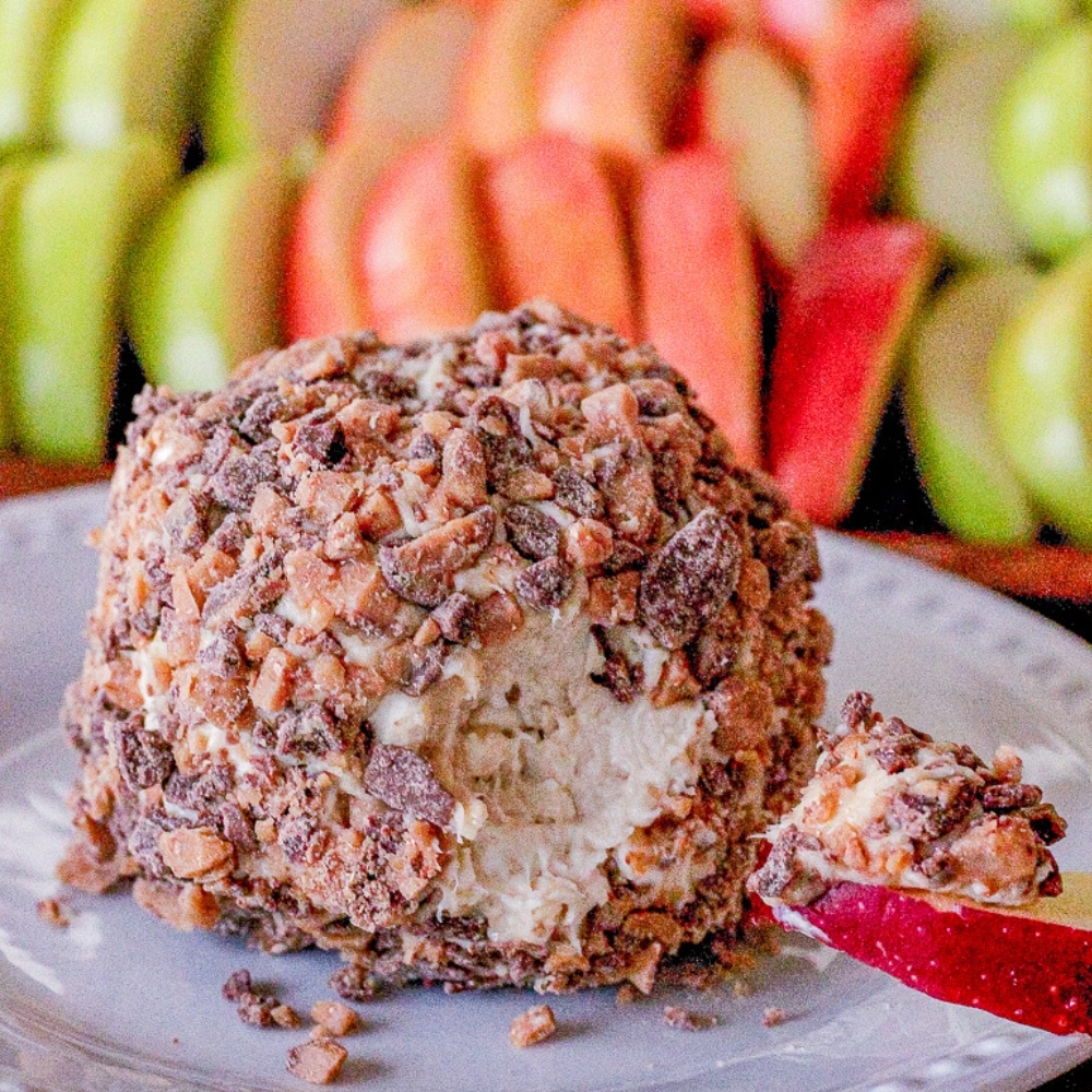 cheese ball covered in chocolate and toffee pieces