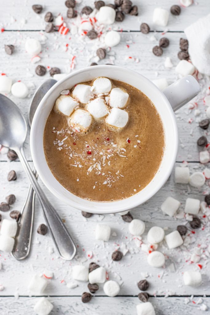 big white mug of hot chocolate with marshmallows