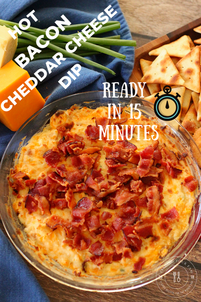 Pinterest image of bacon topped dip with crackers.