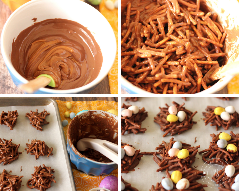 steps to making chocolate covered bird's nest cookies