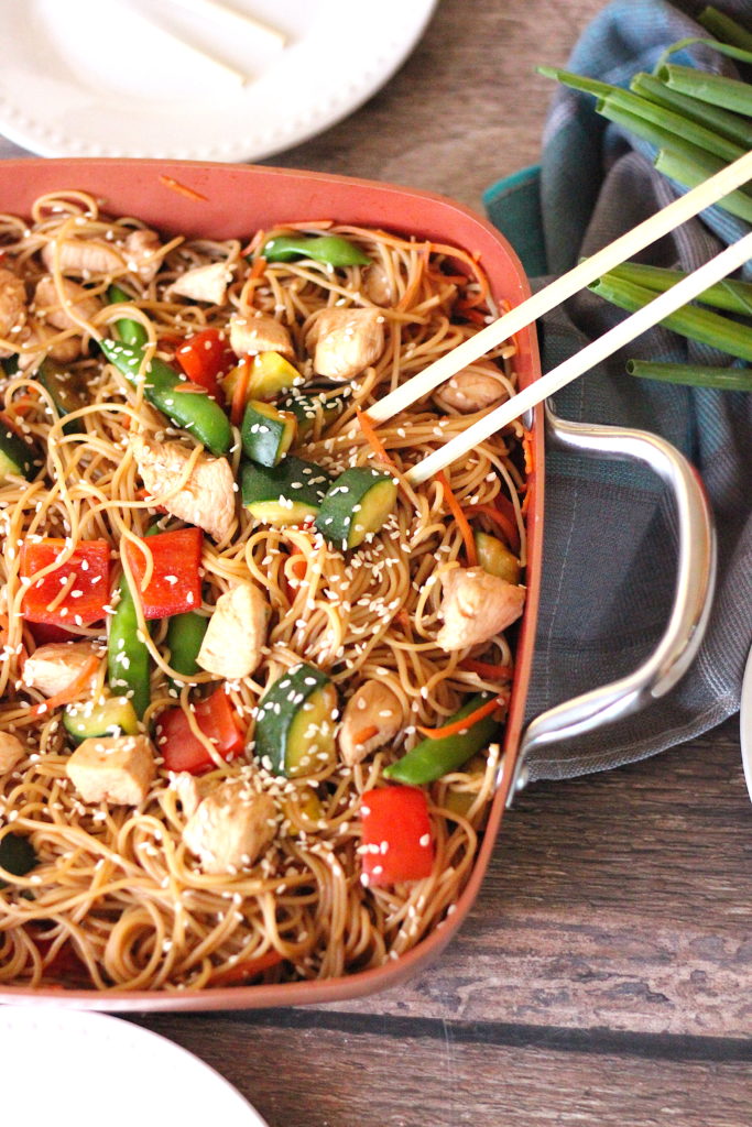 Chicken Vegetable Lo Mein in a pan