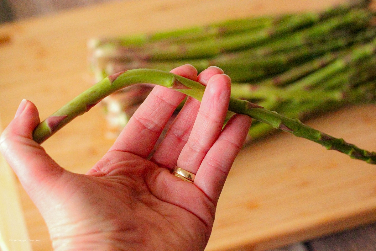 bending a piece of asparagus to see where to cut it