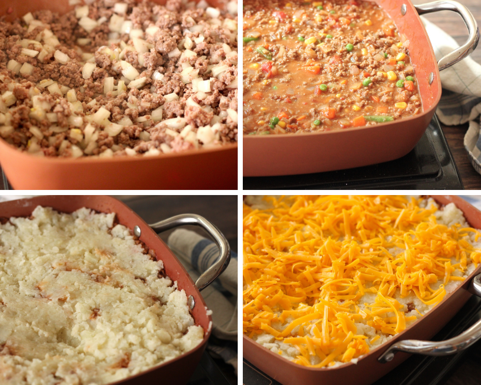 picture collage of steps to make easy shepherds pie
