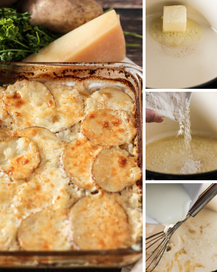 Steps to make scalloped potatoes. Melting butter, add flour and milk