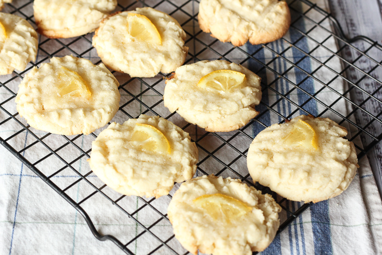 Lemon sugar cookies on a cooling rack