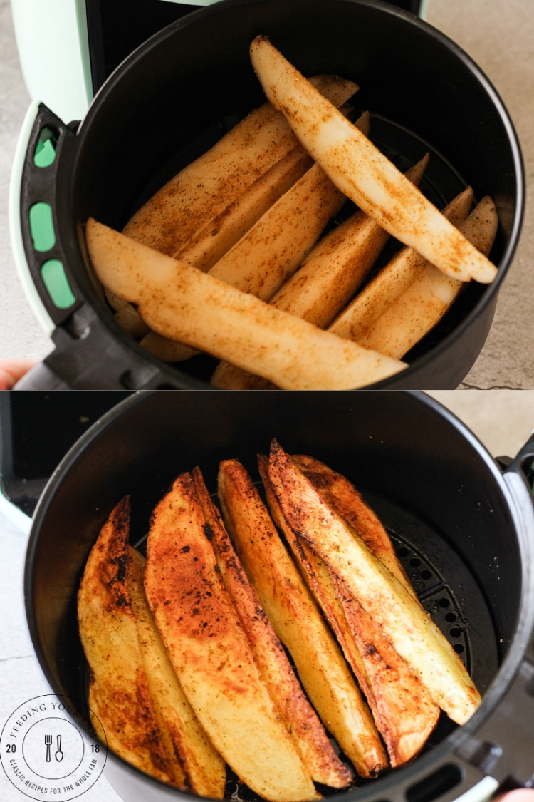 potato wedges in an air fryer basket, top is before cooking, bottom is golden brown