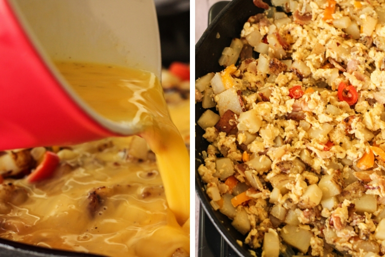 pouring eggs into hash in a cast iron skillet