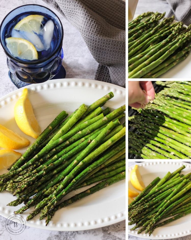 asparagus on a plate with a collage of steps on how to make asparagus