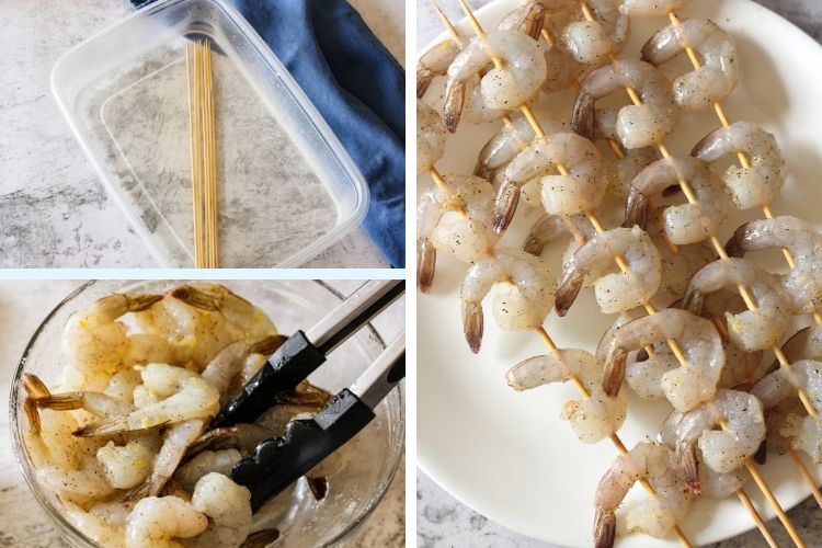 collage of skewers in water, seasoning shrimp and shrimps on skewer