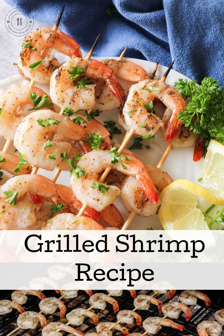 split image of grilled shrimp on a plate and grill with the words grilled shrimp recipe in the center