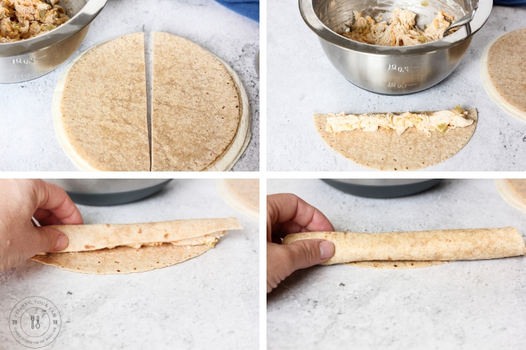 Steps to roll taquitos. Cut tortilla in half, fill on straight edge and roll toward round edge