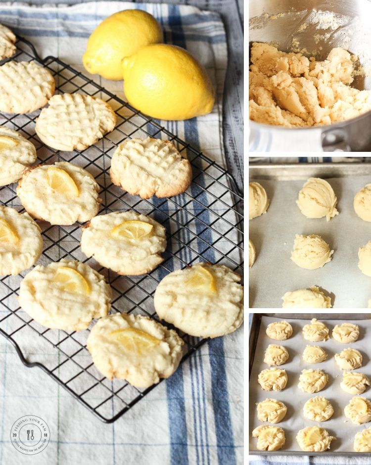 collage of making lemon sugar cookies. dough in mixing bowl, cookie balls on cookie sheet