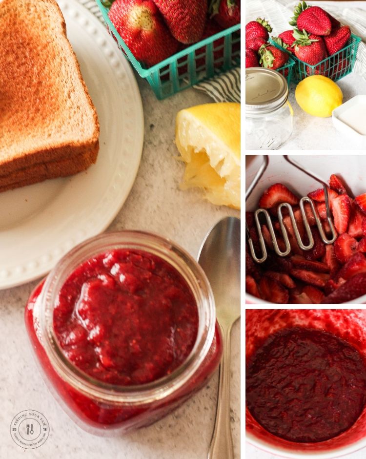collage of steps to make strawberry freezer jam