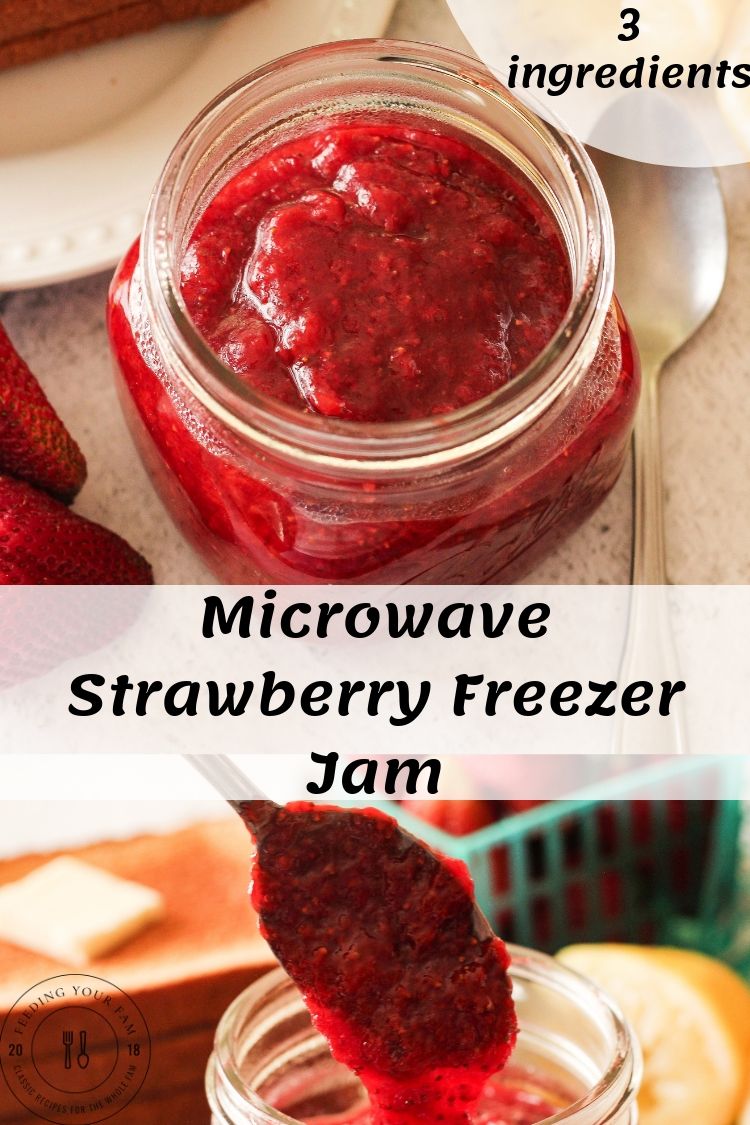 strawberry jam in a glass jar on top and another image below with a spoon dripping jam