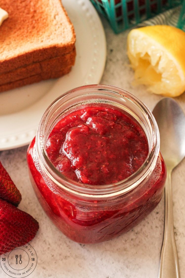 Strawberry Freezer Jam in a glass jar