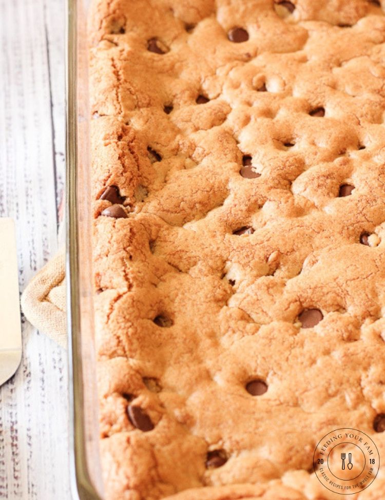 chocolate chip cookie in a glass pan
