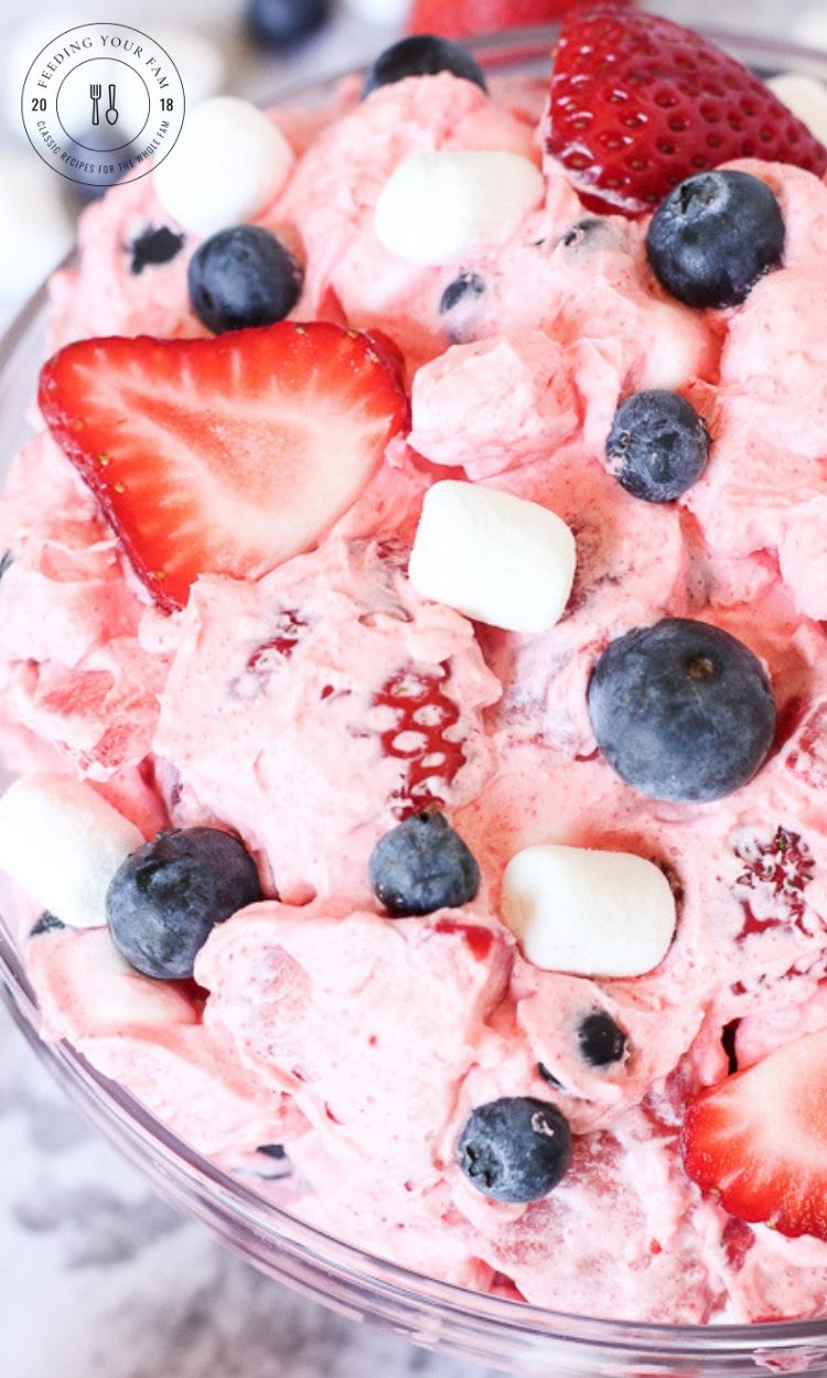 berry fluff salad with strawberries, blueberries and marshmallows