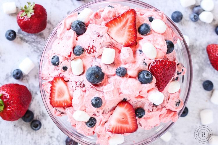 fluff salad with berries, marshmallows and cream