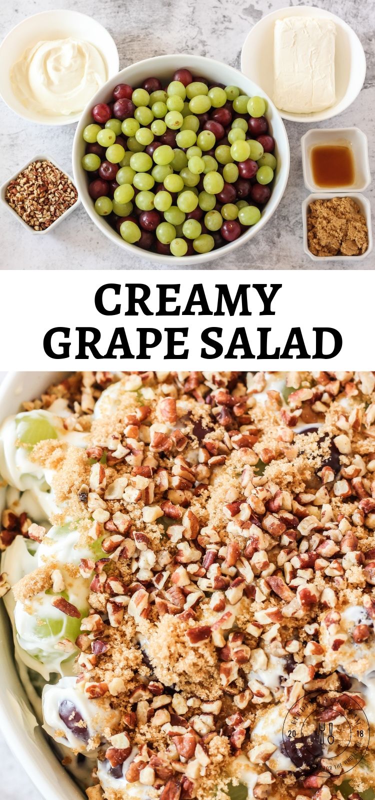 creamy grape salad ingredients and completed salad underneath with the words Creamy Grape Salad in the center