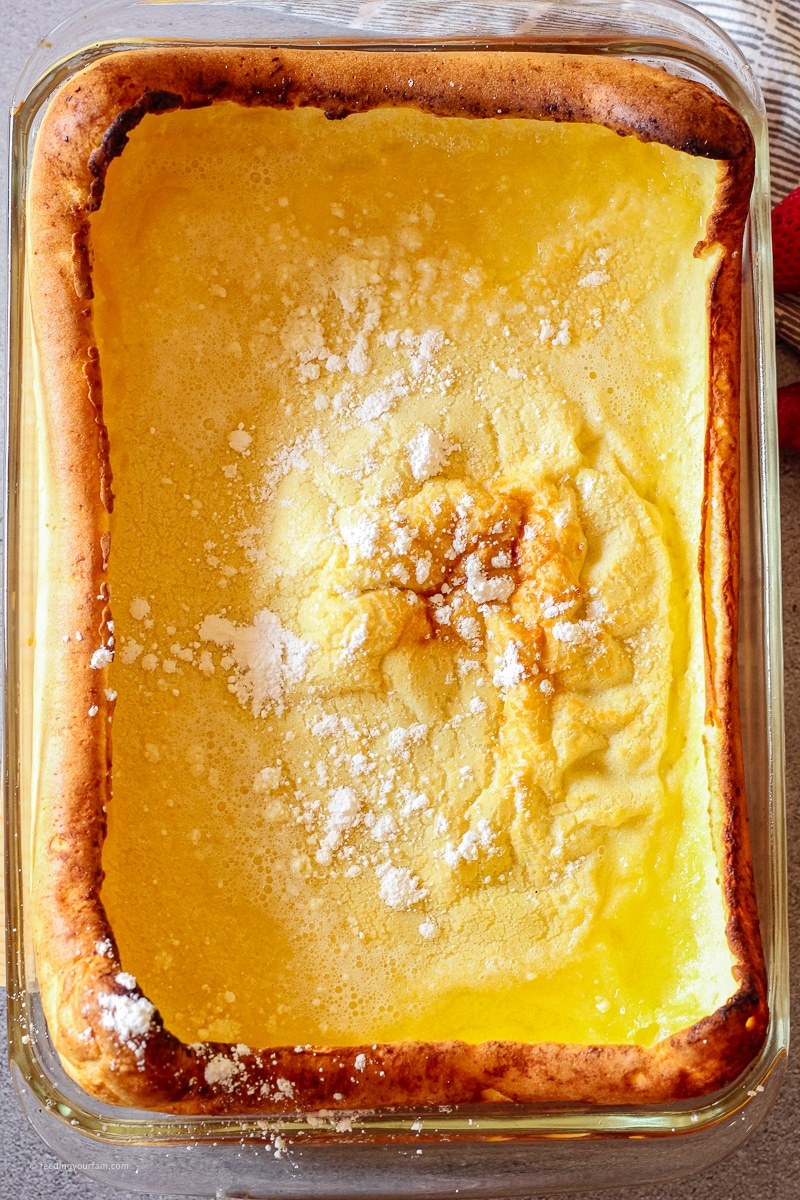 German pancake puffed up and golden in a baking dish
