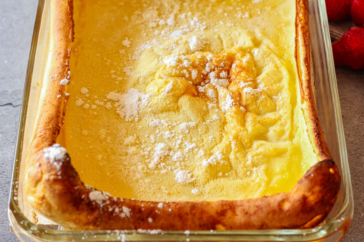 German pancake with puffy, golden brown sides in a baking dish
