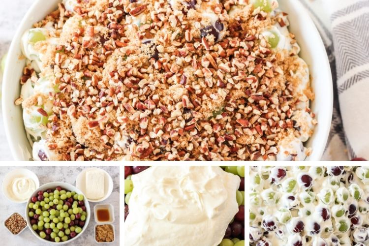 collage of steps to make creamy grape salad
