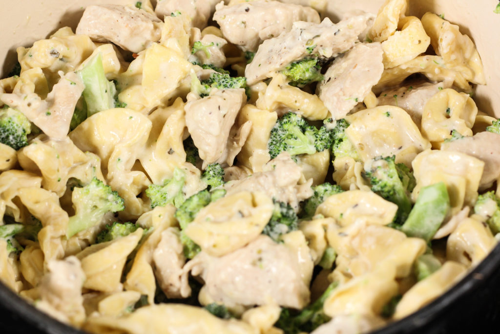 broccoli, chicken and tortellini in a white cream sauce