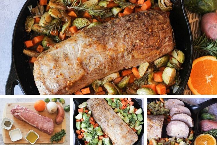 collage of how to cook a pork loin roast in cast iron