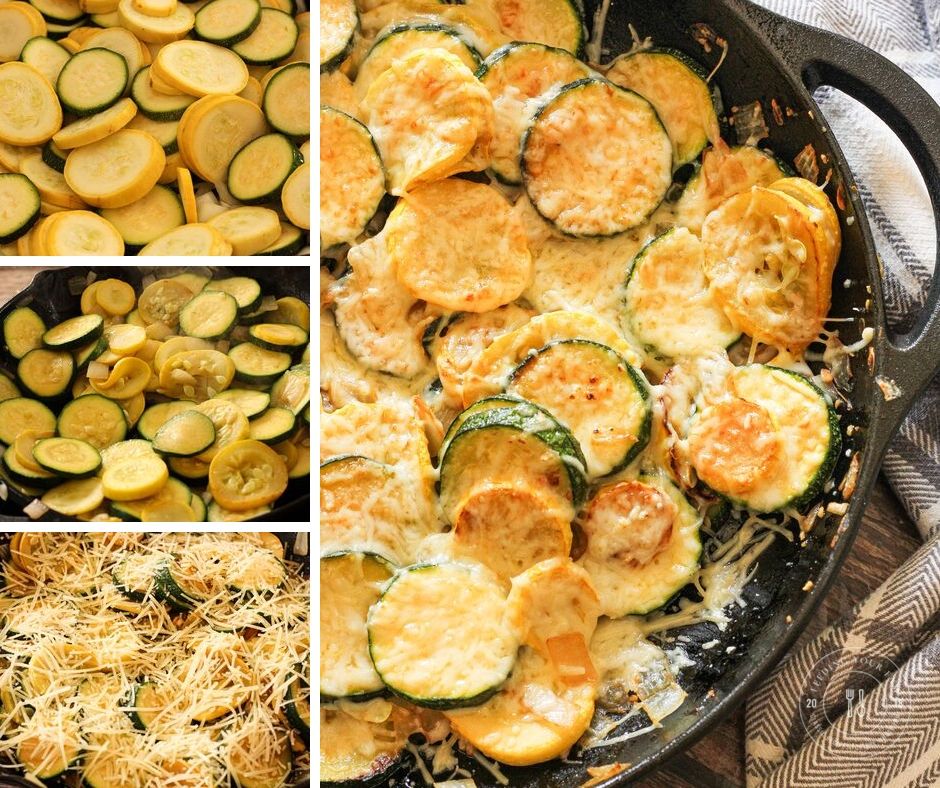 collage of steps to make sauteed summer squash