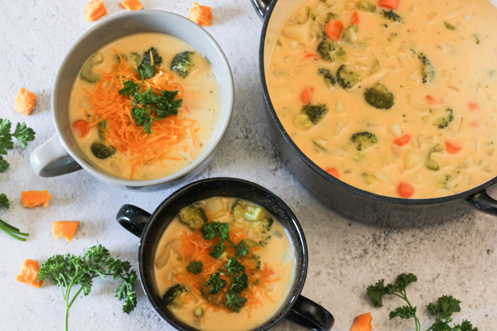 broccoli potato cheese soup in bowls