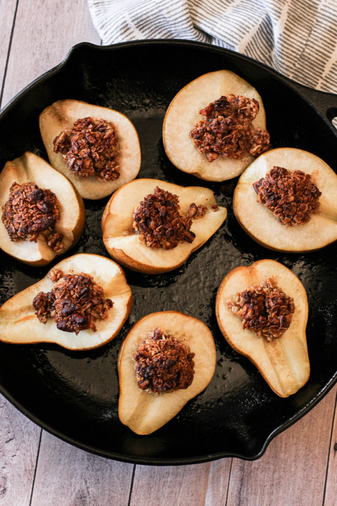 baked pears in a cast iron pan