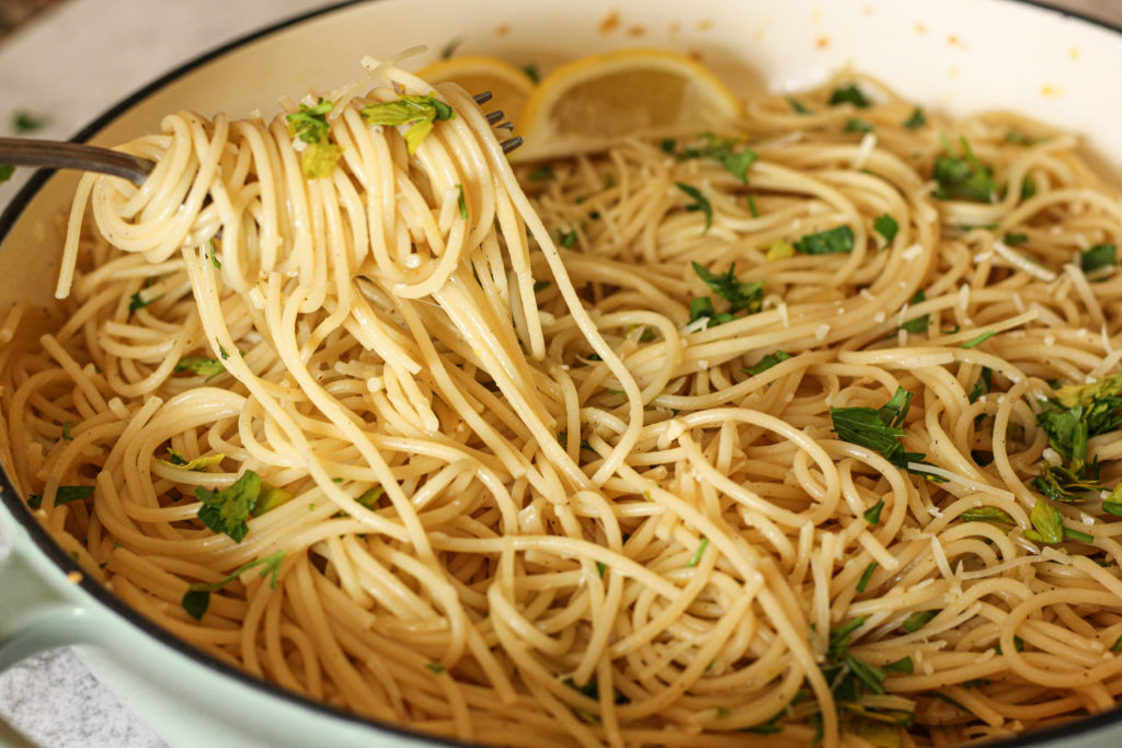 lemon garlic pasta on a fork