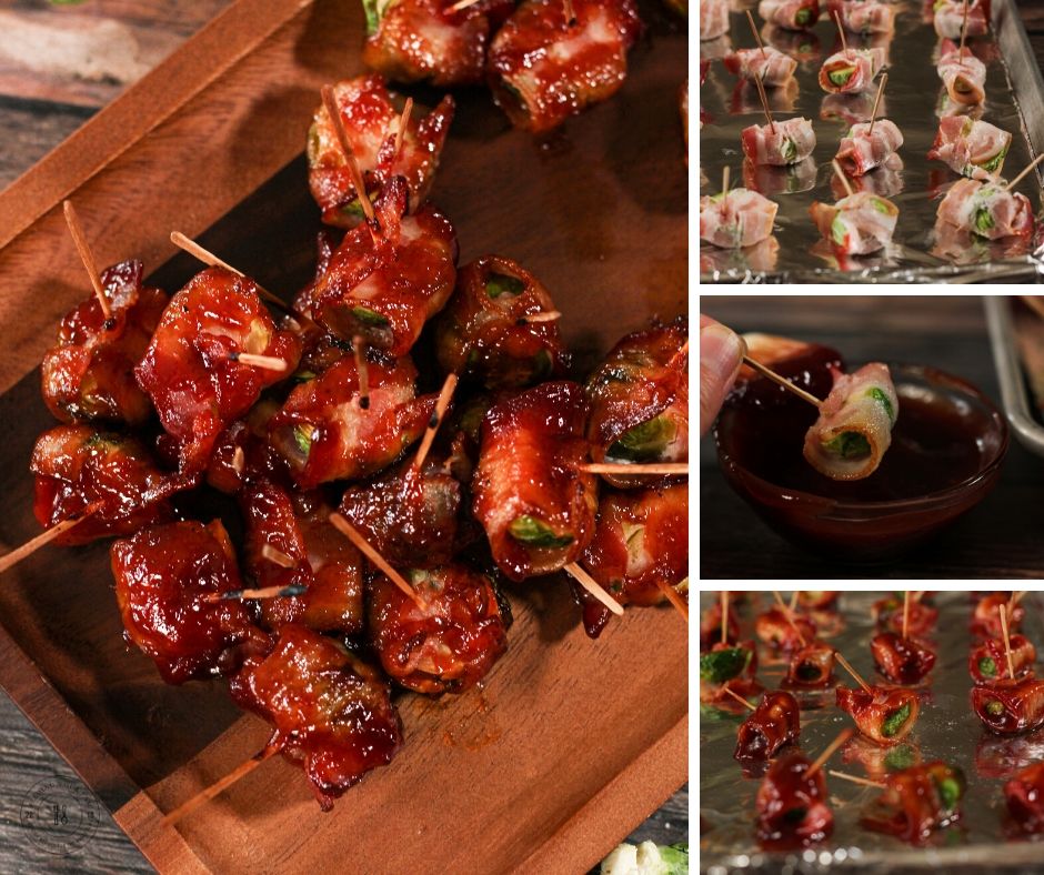 collage of how to make bacon wrapped brussels sprouts