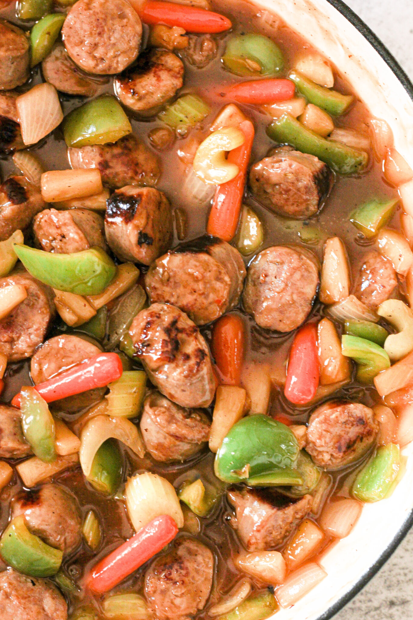 Sweet and Sour Sausages30 min, One Pan Meal Feeding Your Fam