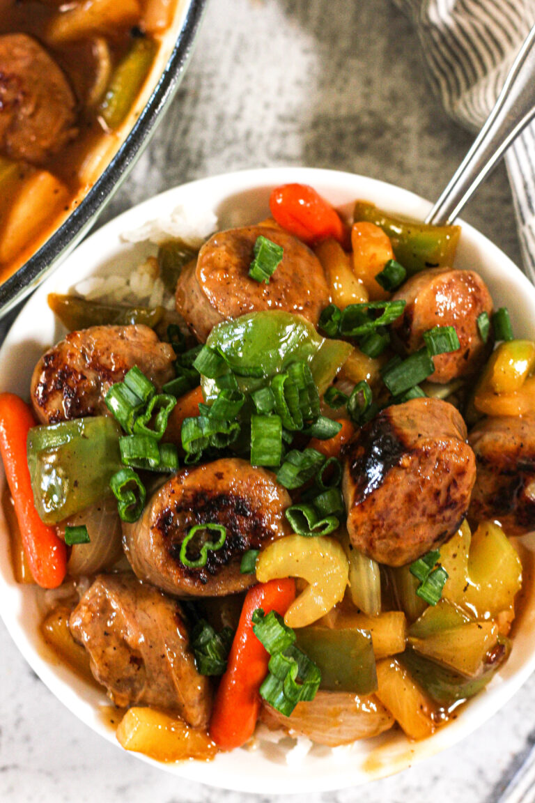 pepper and sausages in sweet and sour sauce