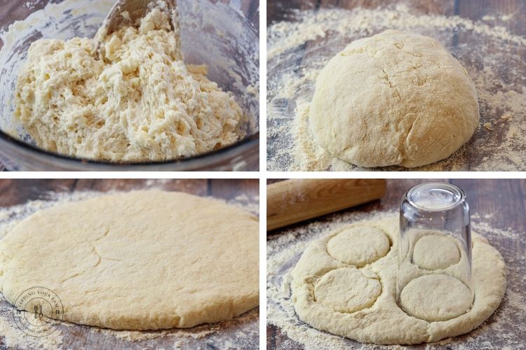 mixing and rolling out dough for biscuits