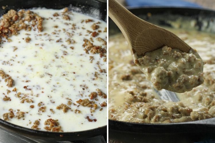 split image of milk in pan with sausage and sausage gravy