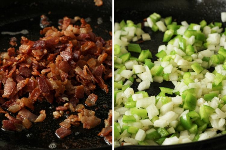split image, cooked bacon on left, onions and green peppers in a pan on the right