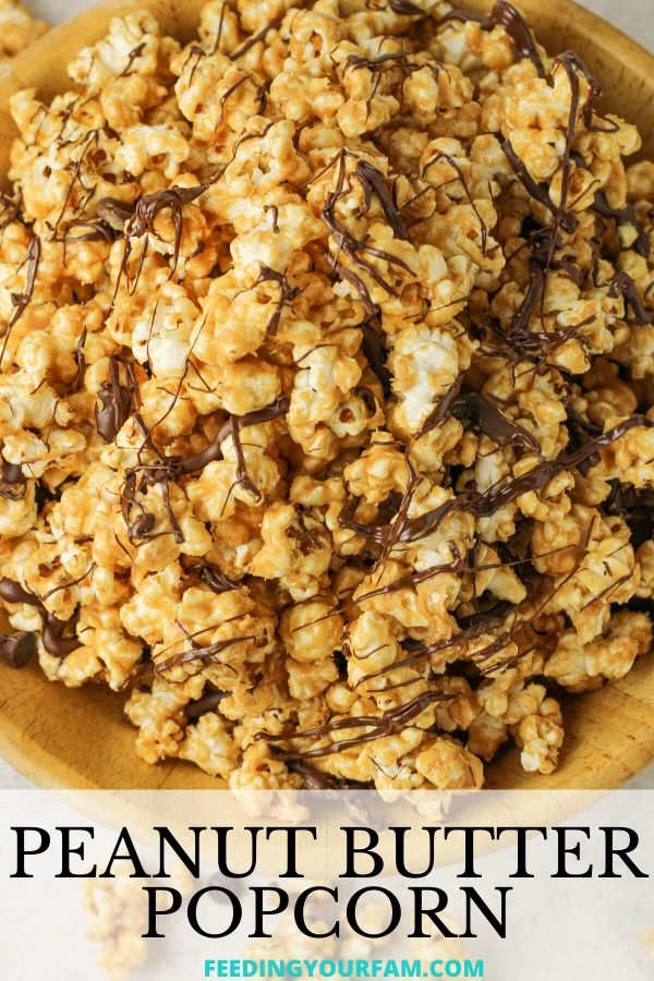 peanut butter popcorn covered with a chocolate drizzle