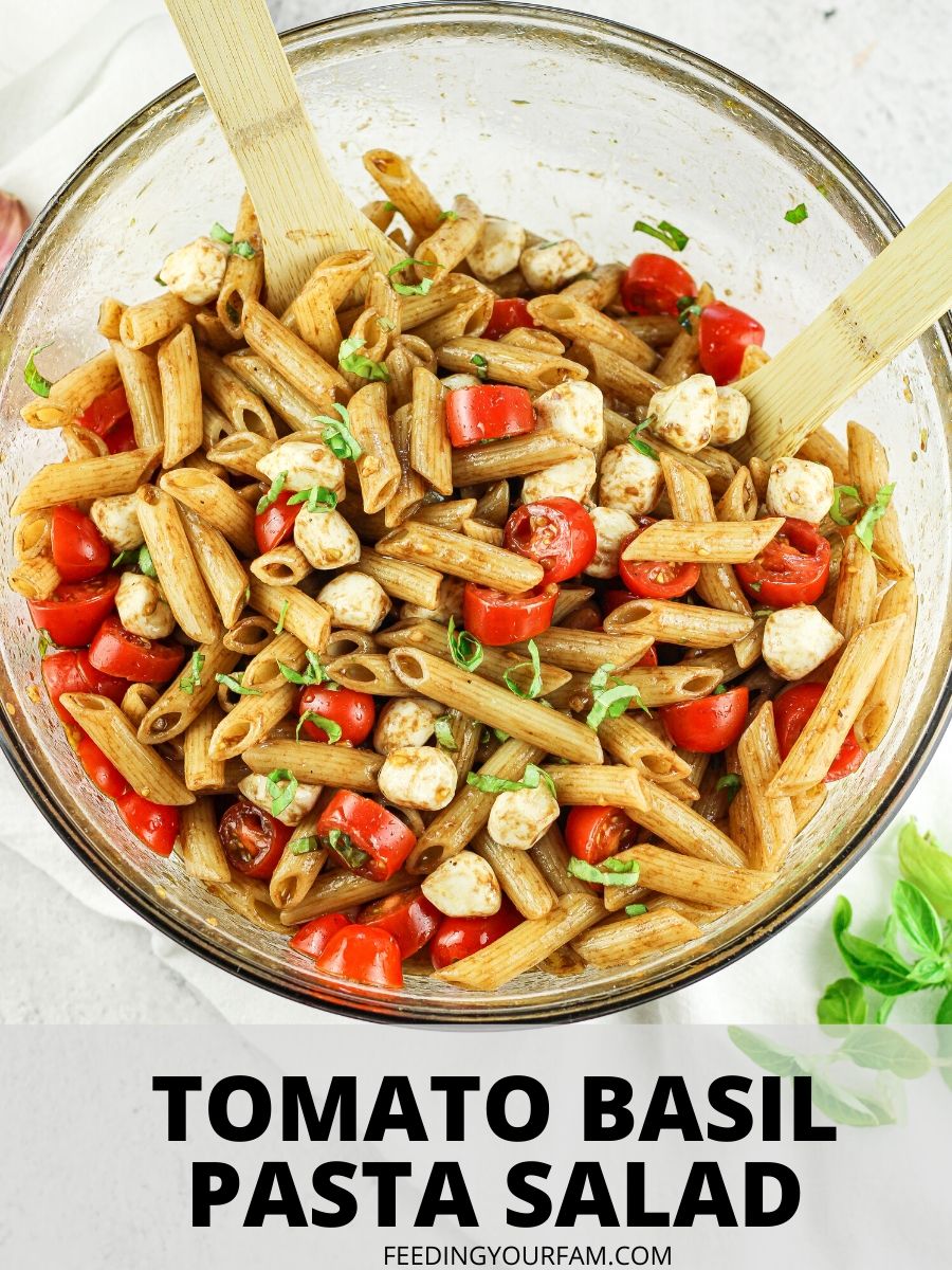 penne pasta with tomatoes, basil and mozzarella