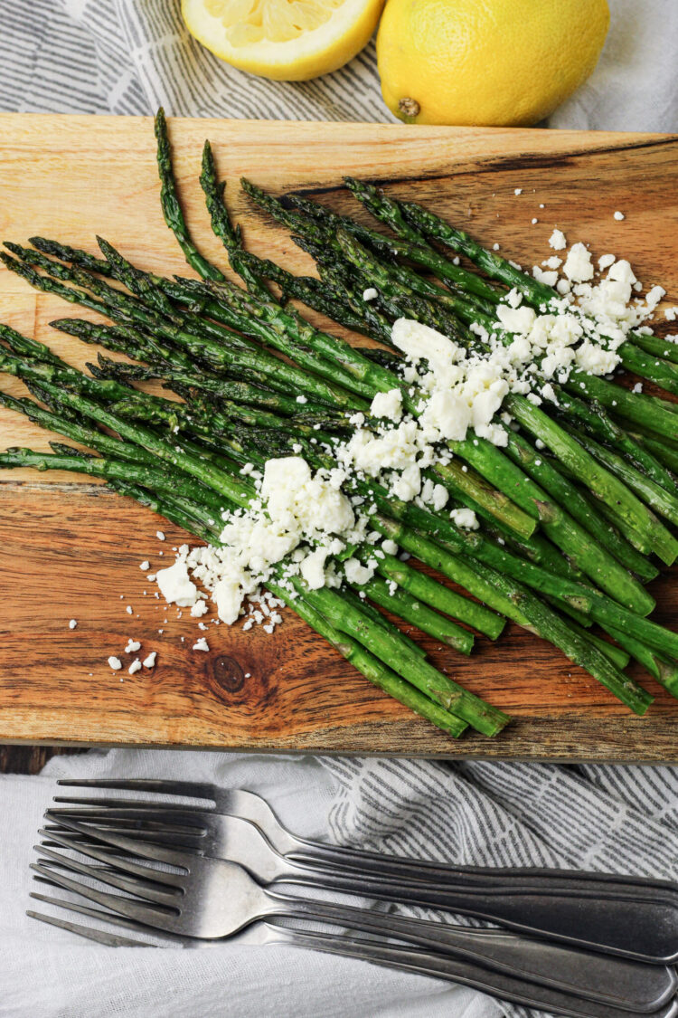 roasted asparagus topped with feta cheese