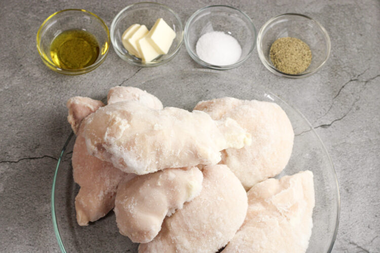 frozen chicken breasts with olive oil, salt, pepper and butter