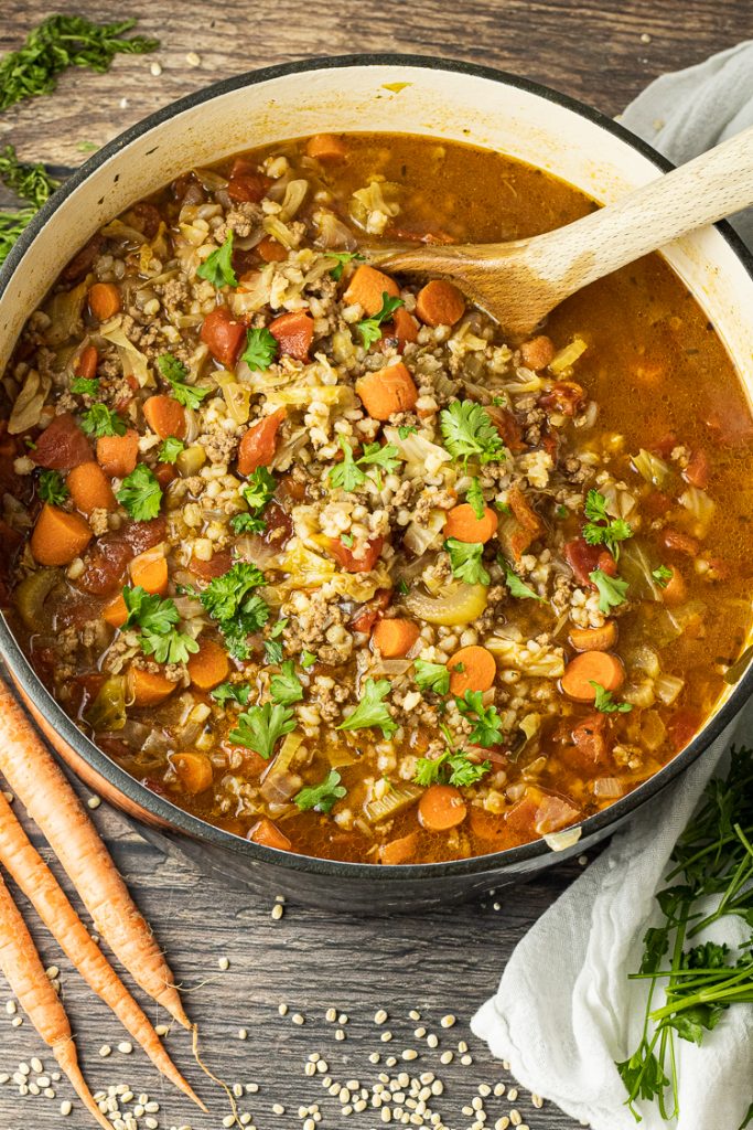 big pot of beef and barley soup