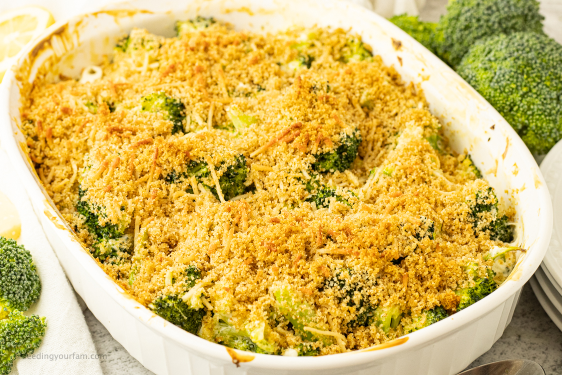 creamy broccoli bake with browned bread crumbs on top