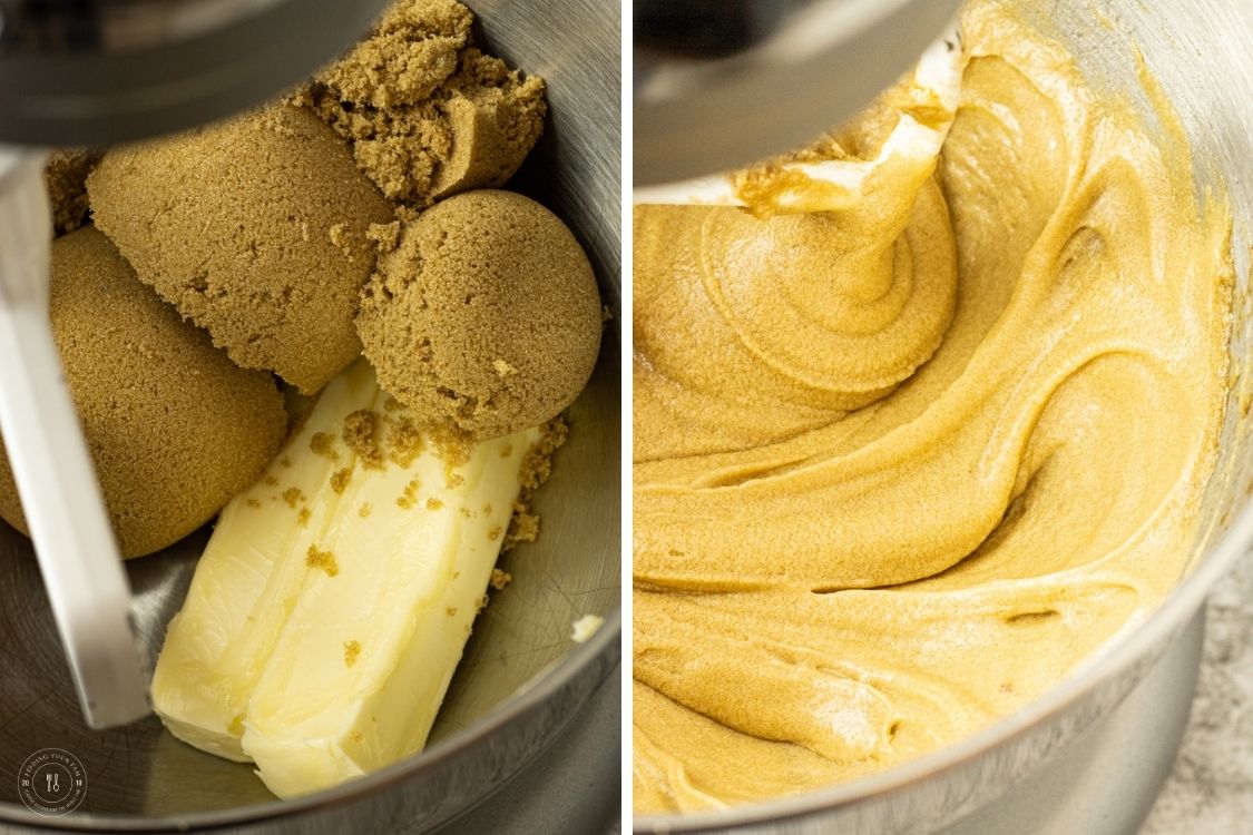 split image of butter and brown sugar in a mixing bowl and it all mixed together in the other image