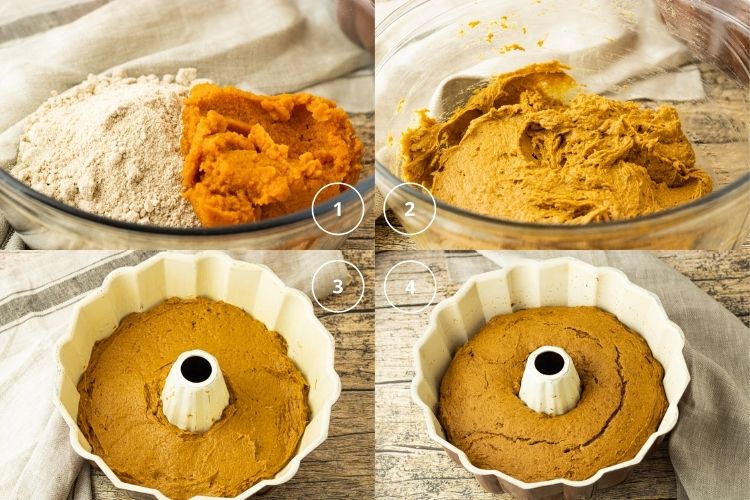 collage of 4 images detailing instructions of how to make pumpkin cake