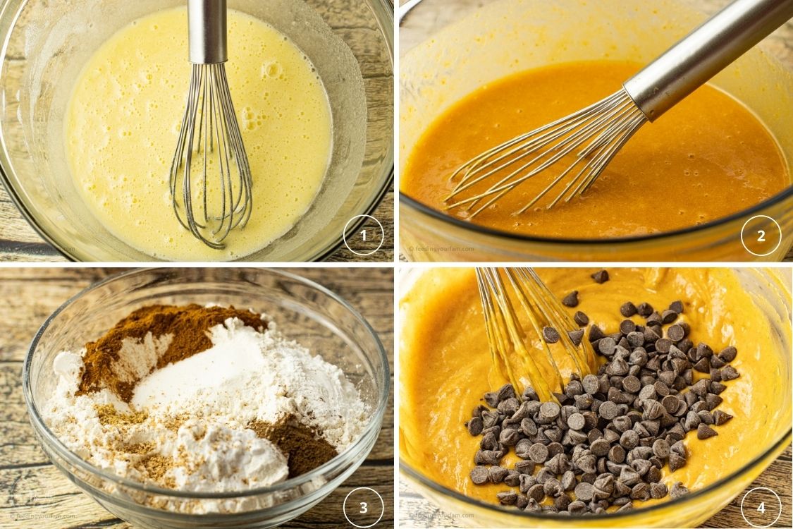 steps to make pumpkin bread. beat eggs, add pumpkin, dry ingredients add chocolate chips