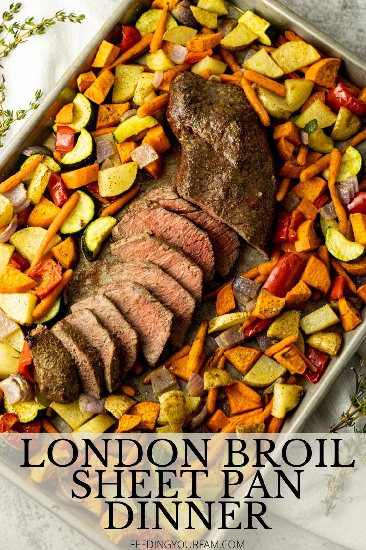 sliced london broil surrounded by roasted vegetables on a sheet pan