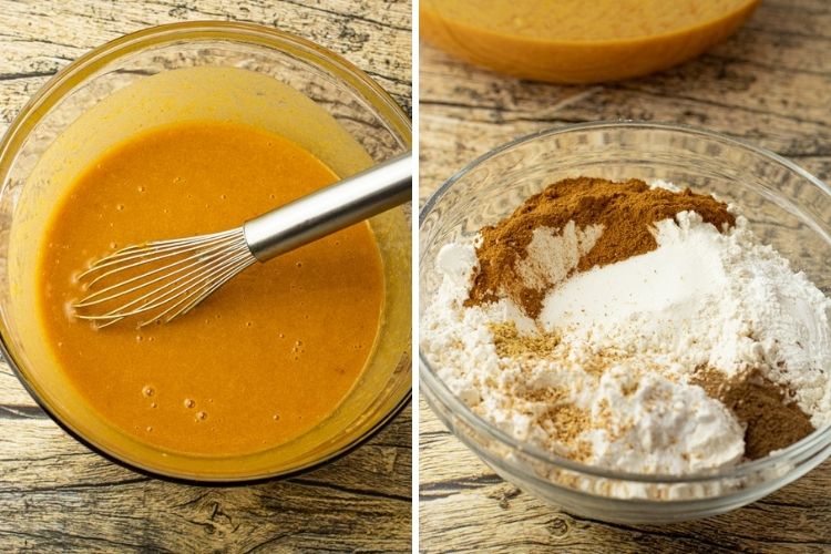split image of pumpkin mixture and dry ingredients mixture for pumpkin bread